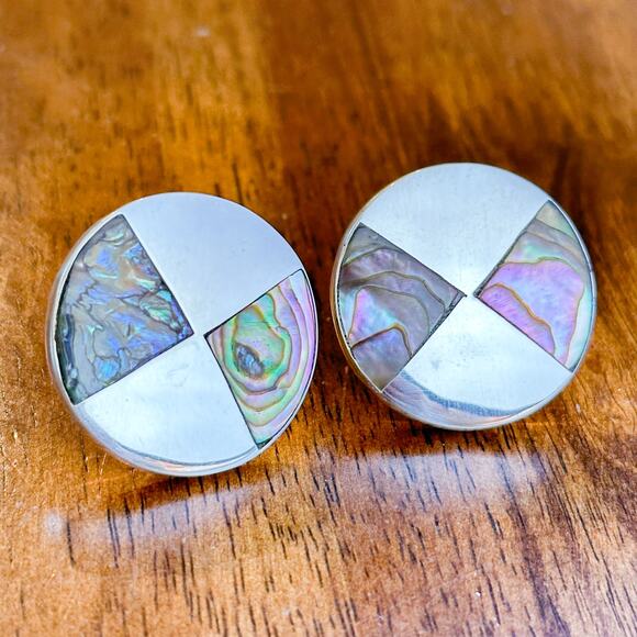 Taxco Sterling Silver Abalone Cufflinks Inlayed Mother of Pearl Round Vintage - Picture 12 of 13